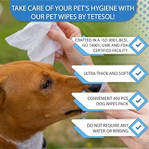 Tetesol Dog Wipes for Dogs Cats, All Purpose Cleaning Pet Wipes, Dog Ear Wipes, Quick Easy Grooming for Bums, Body, Paws, Eyes, for A Easy & Speedy Freshen-Up, 4 Travel Pack of 400 Wipes