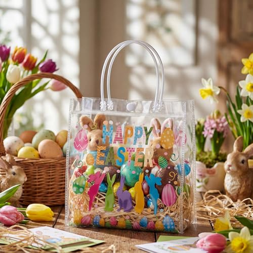 Supervitae 36 Pcs Easter Day Clear Gift Bags with Handle Plastic Pastel Rabbit Eggs PVC Favor Bag Goodies Treats Totes for Spring Holiday Birthday Party Supplies, 8 x 8 x 3.15 Inch by Supervitae - Image 3