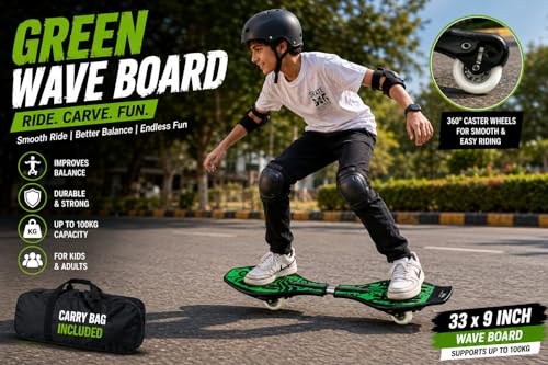 Image of Wave Board Caster Board with Carry Bag for Kids and Teens, 33 x 9 Inch Drift Skate Board with Anti-Slip Deck and Smooth Wheels, Supports Up to 100 kg, Green