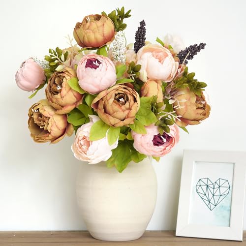 Image of FiveSeasonStuff Artificial Peony Bouquets, 2 Silk Flower Bundles in Mixed Pale Pink & Tawny Brown with Hydrangeas for Wedding Centerpieces & Home Decor