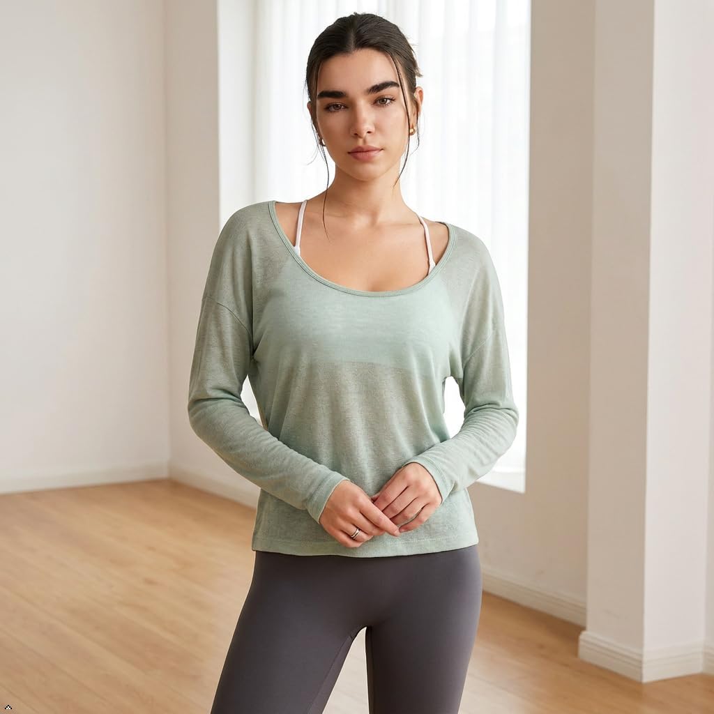 Women's Loose Fitting Workout Tops, Long Sleeve Sheer Mesh Active Tops for Yoga Pilates Fitness