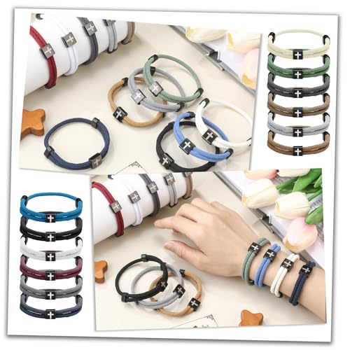 Image of Landical 12 Pcs Braided Cross Bracelet for Men Women Christian Adjustable Rope Jesus Bracelets with Metal Knot Christian Baptism Gifts