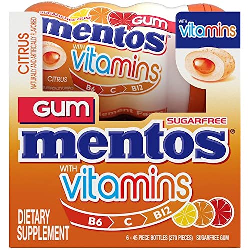 Image of Mentos Gum with Vitamins, Sugar Free Chewing Gum with Xylitol, Citrus Flavor, Vitamins B6, B12 and C, Bottle of 45 (Pack of 36)