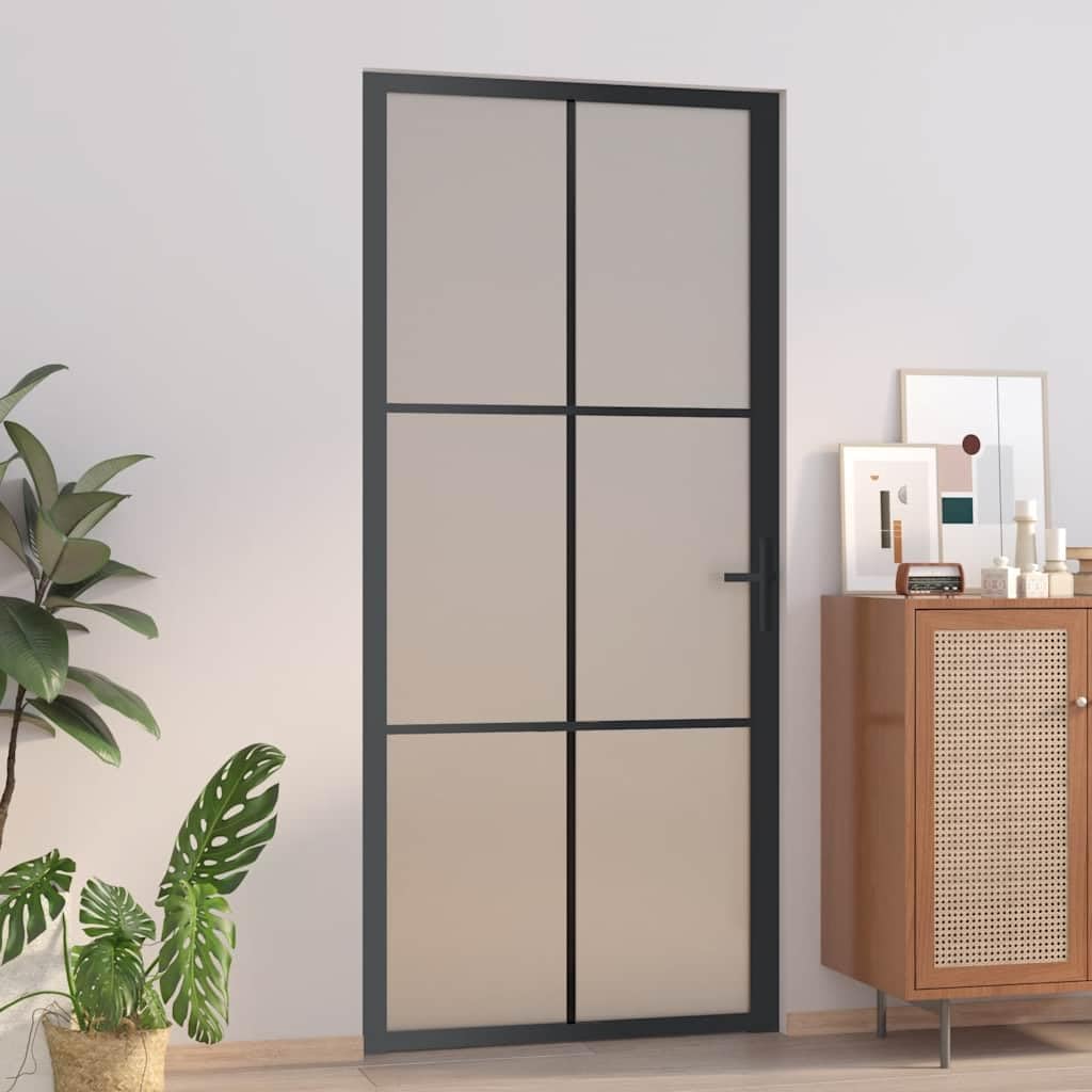 'vidaXL Interior Door – Black Matt Glass with Vertical Decorative Line and Stability-Enhancing Aluminum Frame – 36.6"x79.3" Size