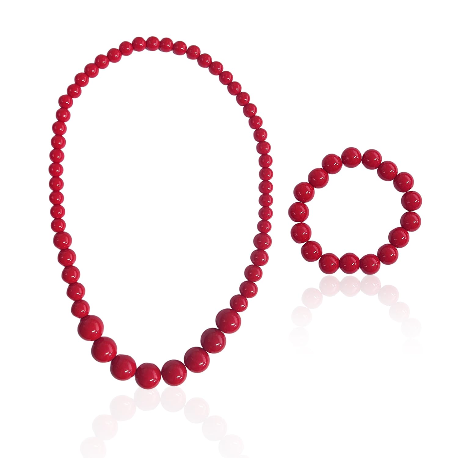 NYGGTYK Collar de perlas de 1 pieza con pulsera de perlas largas, collar de acrílico y pulsera, accesorios de bisutería, collar de perlas de carnaval y pulsera para mujer (rojo)., Acrílico, Perla