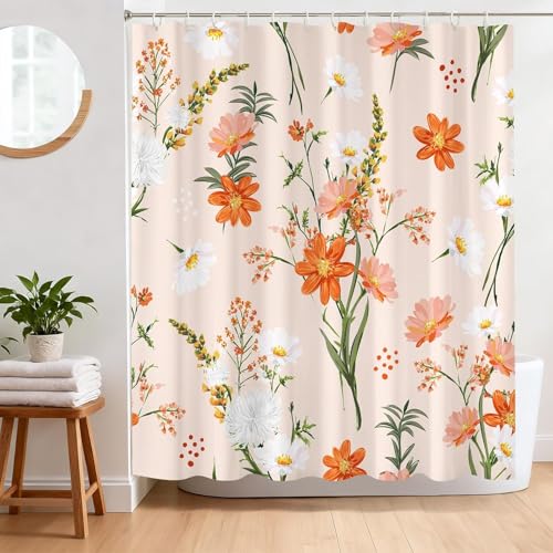 BREASOME Waterproof Orange Floral Shower Curtain 180 x 180 cm for Bathroom