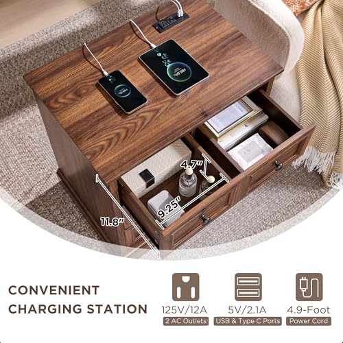 Image of ACCOHOHO 26 inch W Nightstands Set of 2, Farmhouse End Table with 4 Drawers for Storage, Nightstand with Charging Station for Bedroom, Brown