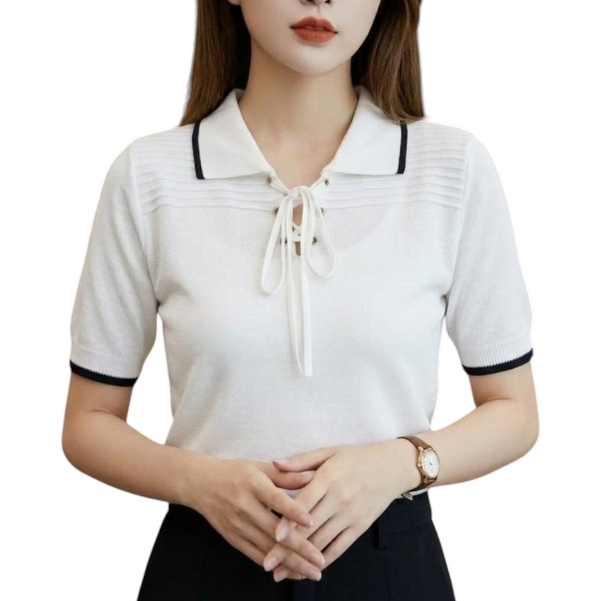 koroind Classic Solid Colored Elegant Knitted Top with Contrast Trim Collar Lace-Up Front Neckline & Short Sleeve Casual & Office Wear Korean Style Polo T-Shirt Stretchable Crop Top for Girls & Women-picture-14