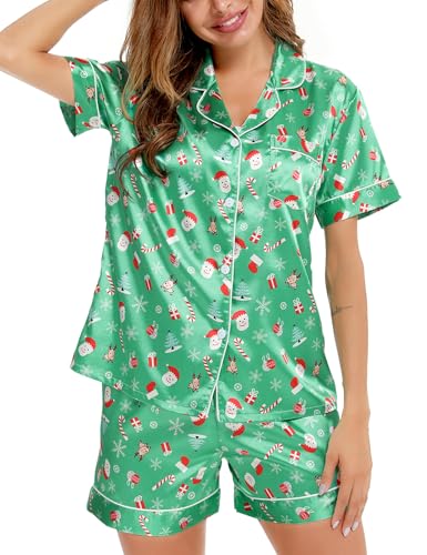 Image of LecGee Womens Silk Satin Pajamas Short Sleeve Loungewear Two-Piece Sleepwear Button-Down Pj Set