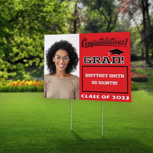 Custom Graduation Yard Sign | Class of 2023 Grad Photo Best Is Yet To Come | Graduation Sign | Personalized Graduation Sign | 24" x 18" Corrugated Plastic with H Stakes | Double Sided - Red