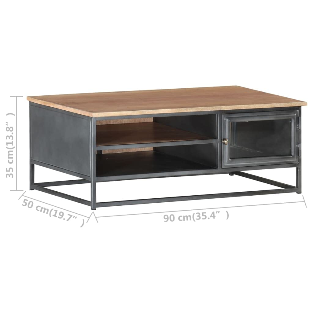Table Basse Gris 90x50x35 cm en Bois d'acacia Massif avec Rangement tiroir et Porte en Verre pour Salon, séjour ou Bureau, Design Industriel scandinave, Pied en Acier Robuste