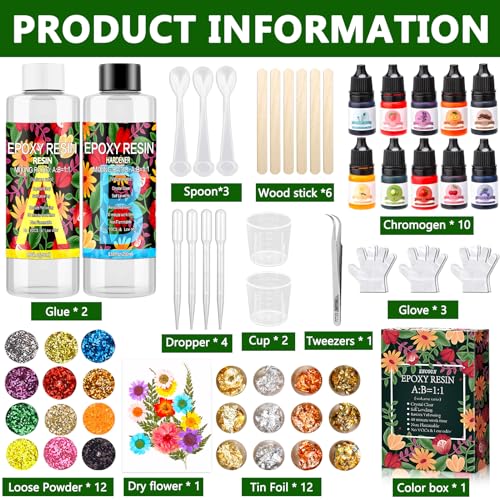 ENCOUN Epoxidharz Set Anfänger 510ml, 1: 1-Verhältnis Glasklar Gießharz Sets, Harz Gießen Zubehör mit Glitzer, Holzstäbchen, Messbecher, Epoxidharz Anfänger Setss für Handwerk, Kunstprojekt