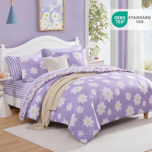 Image of Twin XL Comforter Set for Girls Purple Daisy 5 Pieces Bed in a Bag