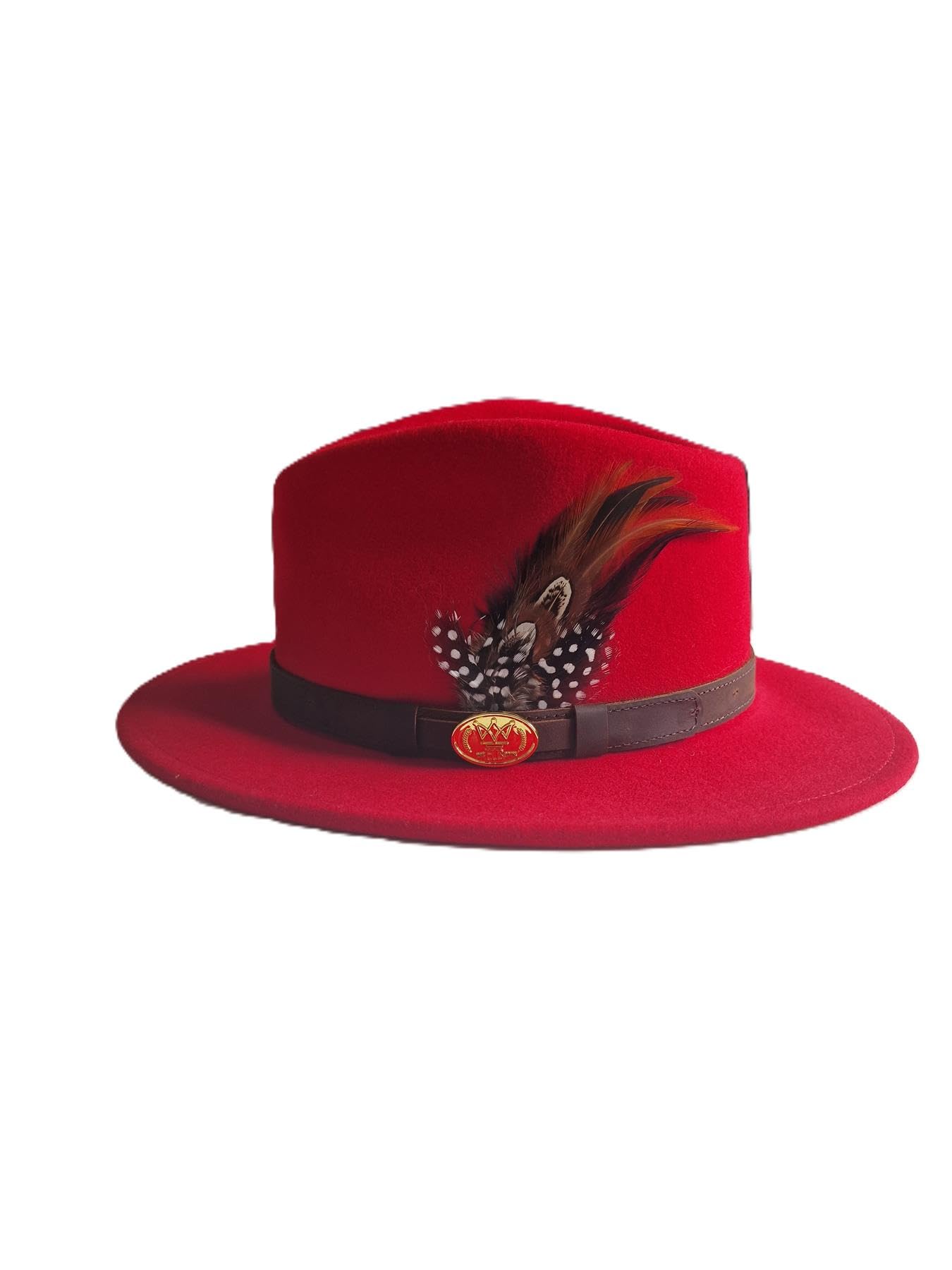 Hazy Blue Unisex Red Mens Ladies Fedora Wide Brim 100% Wool Blend Water Resistant Leather Band Felt Hat Pheasant Feather (Uk, Alpha, M, )