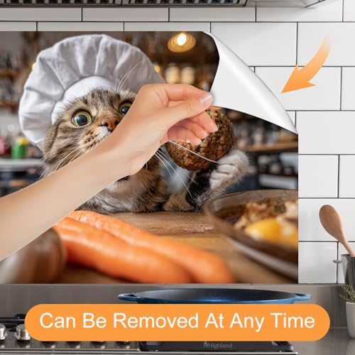 Image of Funny Chef Cat Kitchen Backsplash Peel and Stick, 35.4x23.6 in
