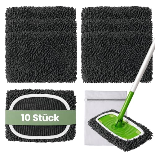 10 szenilowych ściereczek podłogowych do mopa Swiffer – 11,5 x 26 cm, wymienne poszewki z mikrofibry, nadają się do prania, na mokro (kolor szary)