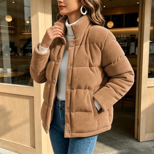 fartey Corduroy Jacket Women Quilted Puffer Coat Button Down Padded Warm - image 4