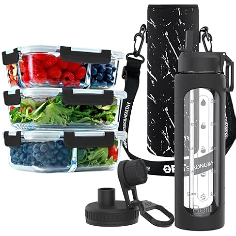 FIT Strong & Healthy 1, 2 & 3 Compartment Glass Meal Prep Containers with BLACK Lid and 32 oz Glass Water Bottle with Straw Lid, Time Marker, Sleeve, Extra Lid & Water Bottle Holder with Strap Bundle Cover