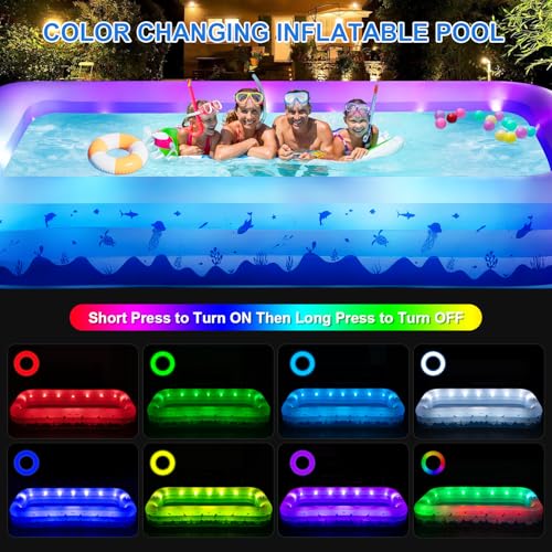 Large Inflatable Pool with Lights, 145\" X 74\" X 22\" Family Inflatable Swimming Pools for Kids,Adults, Blow Up Pool Solar Powered, Inflatable Kids PooI for Backyard (Air Pump Not Included)