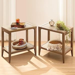 SICOTAS Rattan Nightstands Set of 2 Bedside Table – Boho Narrow End Table Living Room Set of 2 – Farmhouse Accent Side Table with 2 Rattan Open Storage Shelves for Bedroom, Small Spaces, Wood