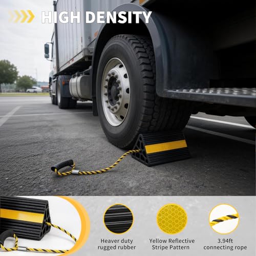 Image of Vacallity Update Wheel Chocks for Trailer 2pc Heavy Duty Rubber Wheel Chocks with seprate Handle Rope&Yellow Reflective Tape Tire Chock Blocks for Cars Trucks Aircraft RV Camper Trailer Accessories