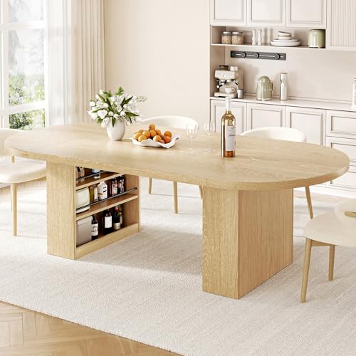 Jocoevol 78.7" Dining Table for 6-10 People, Oval Dining Room Table with 3-Tier Storage Shelf, Modern Wood Kitchen Tables with Heavy Duty Pedestal Base for Home, Dining Room, Natural
