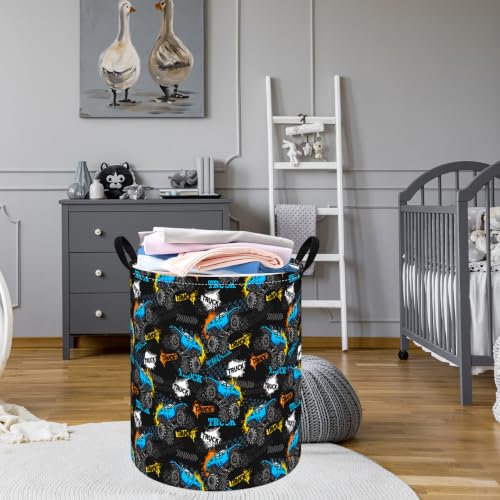 Image of Boys Storage Basket Kids Hamper, 15.7 inchD x19.7 inchH, Monster Truck Print Waterproof Lining, Leather Handles, Collapsible for Boys Toys, Laundry, Kids Gift