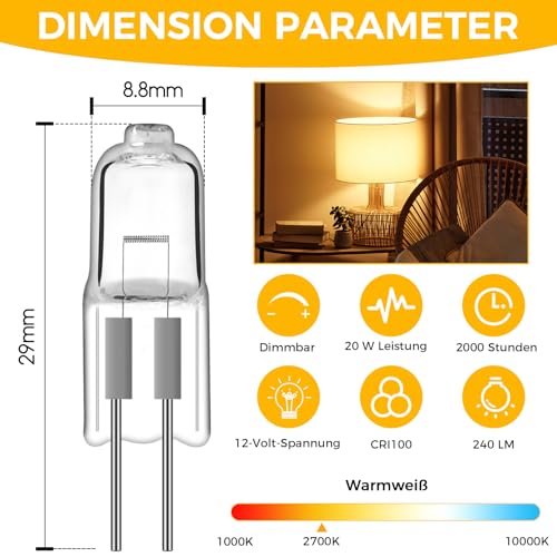 CNMTCCO G4 12V 20W Halogen Glühbirnen,12 pack,2 Pin Glühbirnen,Warm Weiß 2700K,Dimmbar, Nicht Flickern