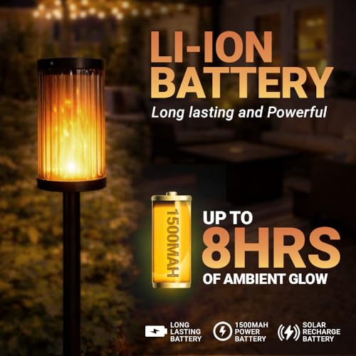 Image of Deco Window Glass Solar Lights Outdoor 2 Pack LED Flame Torches with Flickering Flame, Solar Powered Pathway Lights for Patio, Lawn, Porch, Walkway, Driveway, and Garden.