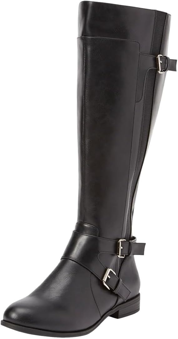 Women's Strap Buckle Motorcycle Boots Side Zippers Closed Round Toe Flats Knee High Boot Vacation Party Dress Shoes Size 4-16 US