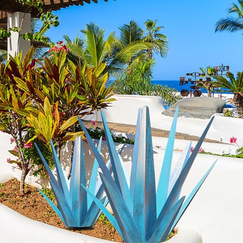 Image of TOMBABY Enlarge Metal Plants Tequila Rustic Sculpture, Outdoor Patio Yard, Home Decor Hand Painted Agave Garden Statue, Outdoor Lawn Ornaments Yard Stakes for Mom Gift (1 Big&Large Blue)