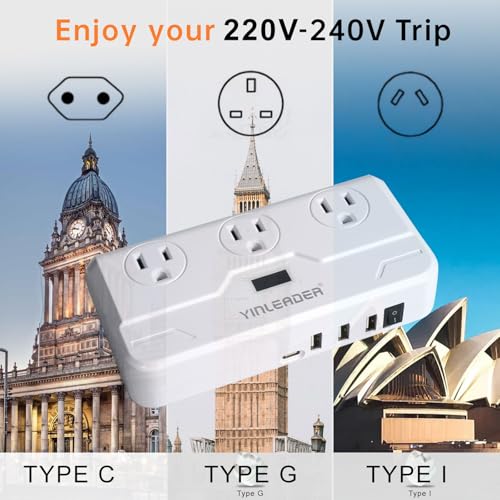 Yinleader 220V to 110V Voltage Converter Universal Travel Adapter Step Down Transformer with USB Charging and UK/AU/EU Worldwide Plug Adapter (250W)3