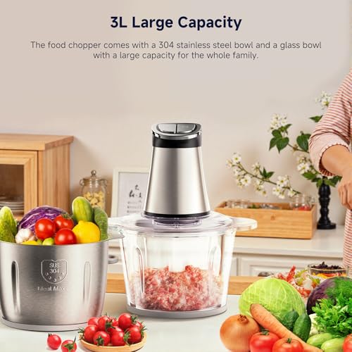 220V EU Plug 3L Dual Bowl Food Prep Processor with 2 Blades, 2-Speed Settings & Digital Display &ndash; Quiet Kitchen Appliance