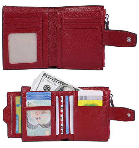 AINIMOER Women's RFID Blocking Leather Small Compact Bi-fold Zipper Pocket Wallet Card Case Purse(Stitched Wine)