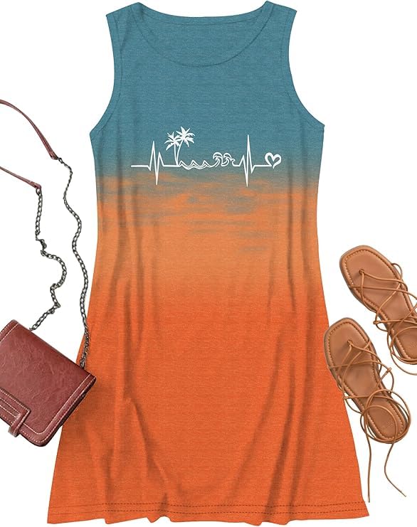 Image of Sun Salt Sand Coconut Tree Tank Mini Dress for Women Casual Loose Sleeveless Beach Praty Shirts Summer Vacation Short Dress