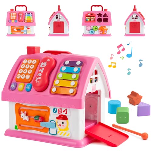 Montessori Toys for 1 Year Old, Baby Music Toys for 1 Year Old Girl Gift, 12-in-1 Musical House Toddler Learning Toy for 1 2 3 Ages, First Birthday Gifts for Girls and Boys, Educational Toy, (Pink)