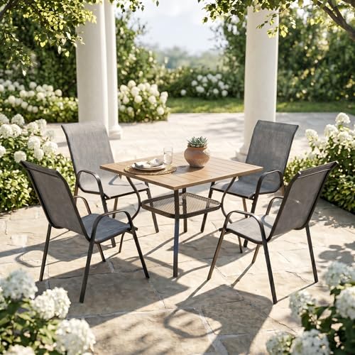 Image of VICLLAX Patio Dining Set for 4, All Weather 5-Piece Patio Set-37.8 inch Square Outdoor Table and 4 Stackable Chairs for Lawn Garden and Backyard,Grey Wood Grain Tabletop