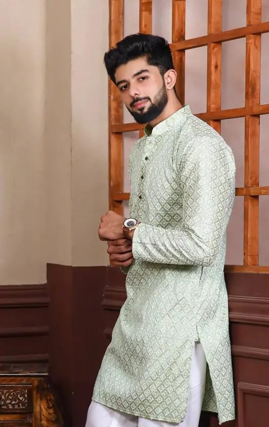 Image of LookMark Men's Printed Silk Blend Kurta with Mandarin Collar, Full Sleeves, Straight Fit Traditional Ethnic Wear