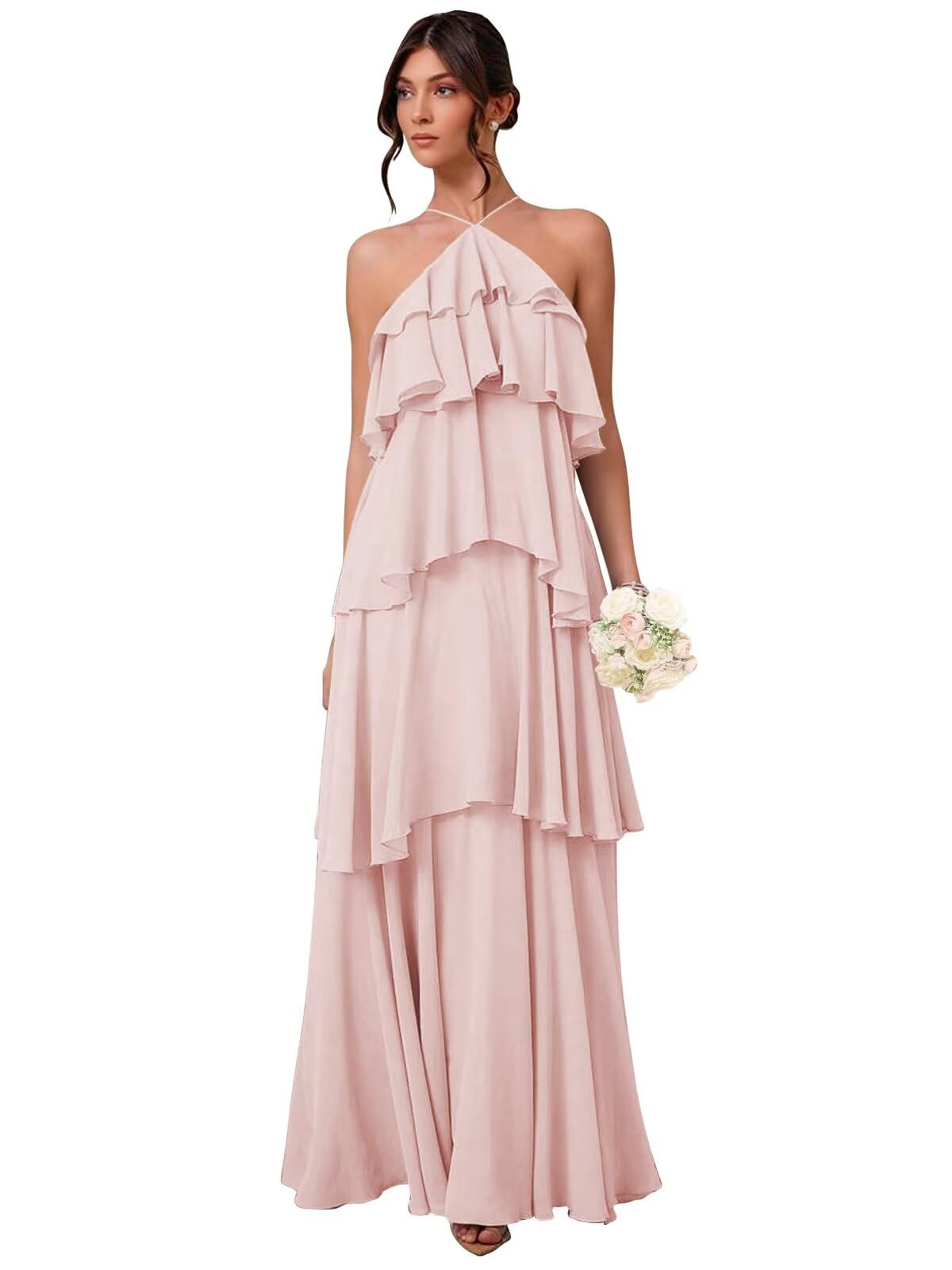 Chiffon Halter Bridesmaid Dresses For Women Spaghetti Straps Tiered Long Prom Evening Party Dress