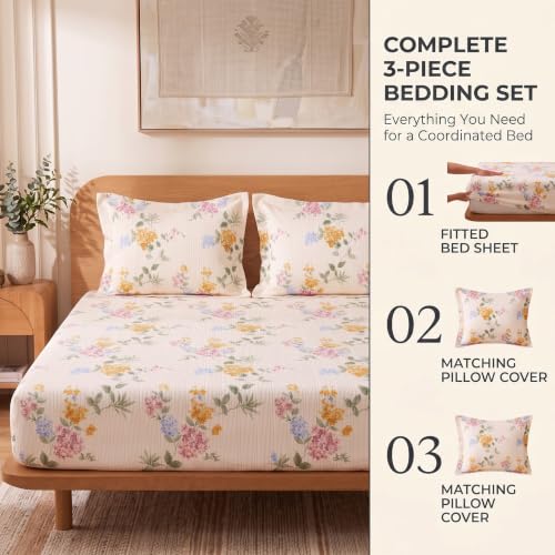Image of VAS COLLECTIONS 240 TC Premium Fitted Bedsheet, Floral Printed King Size Elastic Deep Pocket Mattress Cover, Soft Breathable Bed Sheet for Bedroom, 72 x 78 + 10 Inches (183 x 198 + 25 cm) - Soft Honey