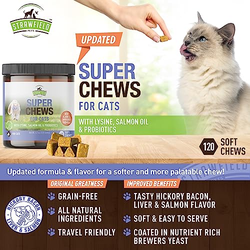 image for Strawfield Pets Cat Probiotics, L-Lysine, Salmon Omega 3 Fish Oil for 