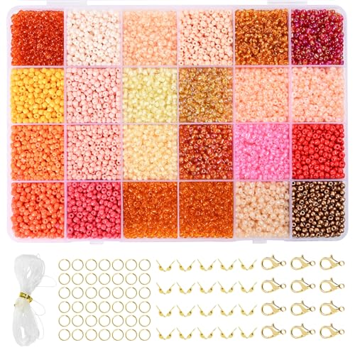 Vtssvow 3mm Glass Seed Beads for Bracelets Making 24 Colors 10000pcs Friendship Bracelet Making Kit Small Glass Beads for Jewelry Making (Mix 24 Color Orange)