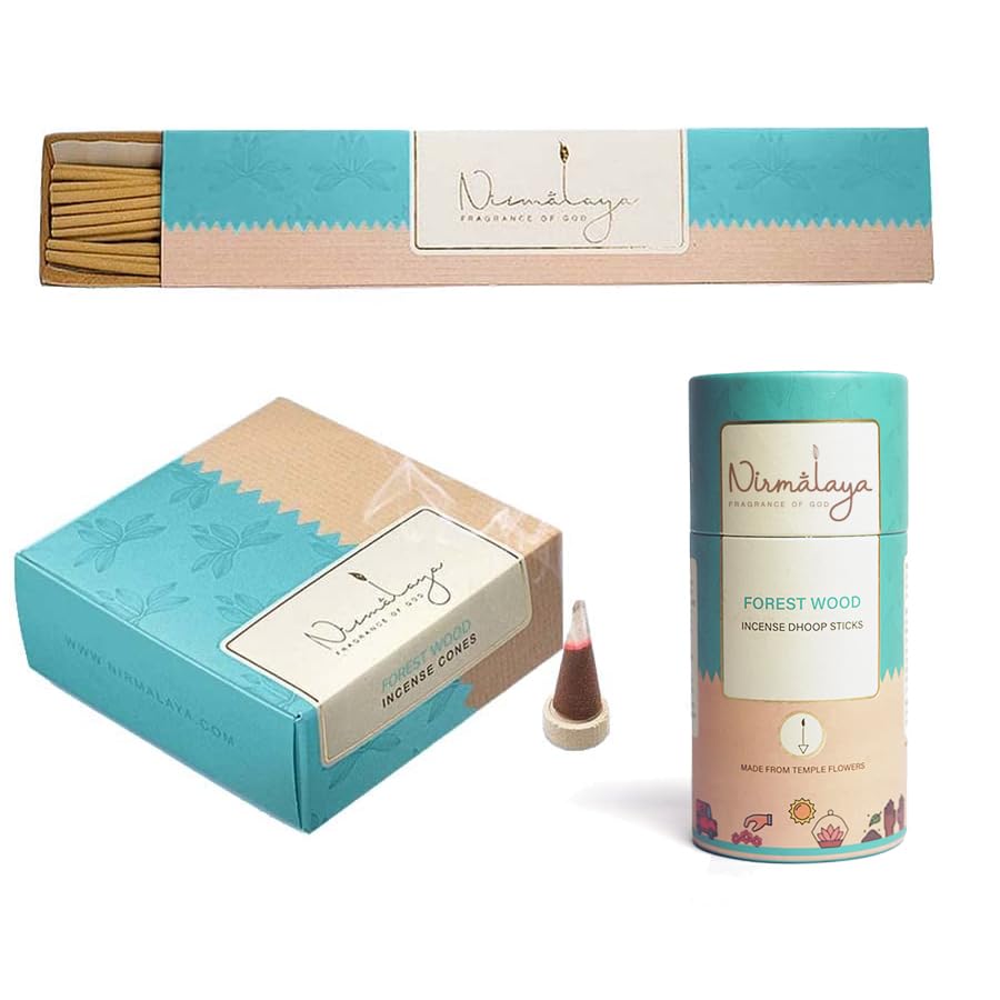 Image of Nirmalaya Premium Forest Wood Incense Combo Pack | 100% Natural Organic | 40 Incense Sticks, 40 Incense Cones, 40 Dhoop Sticks | Long-Lasting Fragrance for Pooja, Meditation & Yoga
