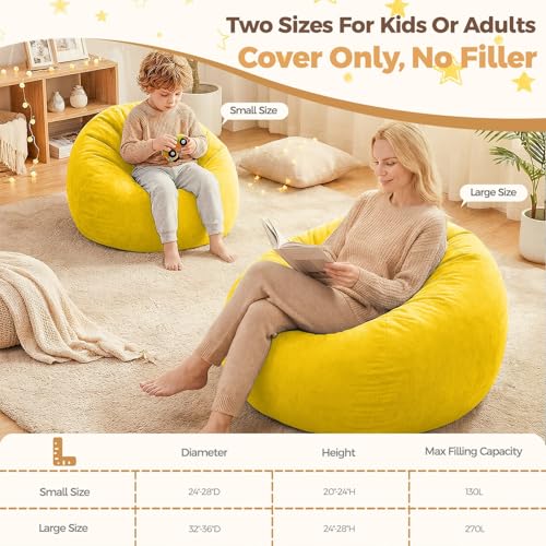 Image of Stuffed Animal Storage Bean Bag Chair Cover for Adults (No Filler), Soft Comfy Velvet Beanbag Chair Cover Machine Washable, Adults Bean Bag Chair with Handle for Living Room Bedroom, Yellow