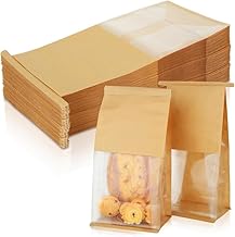 VELEXE Kraft Paper Tin Tie Tab Lock Bakery Bags with Transparent Window – Pack of 15 | Size: 26X16 cm | Packaging Bags for Bread, Cookies, Snacks & Bakery Items