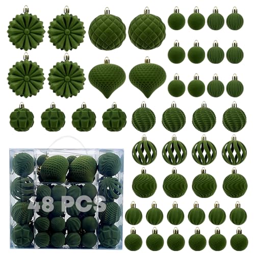 48Pcs Velvet Christmas Baubles Balls Ornaments Set Flocked Christmas Tree Hanging Decorations Shatterproof Dark Green Large & Small Bauble for Xmas Party Holiday Decor (Green)