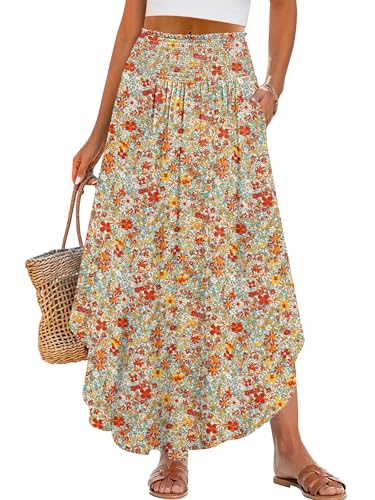 Image of ANRABESS Women's Maxi Skirts Summer Boho Floral High Waisted Flowy Swing Pleated Beach Long Skirt with Pockets