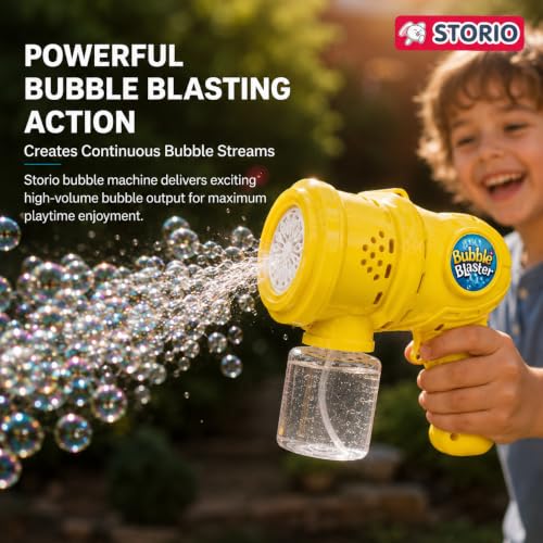 Image of Storio Automatic Bubble Gun for Kids, Rechargeable Electric Bubble Machine with Solution, One Touch Bubble Blower Toy for Indoor Outdoor Party, Gift for Toddlers Boys Girls - Yellow