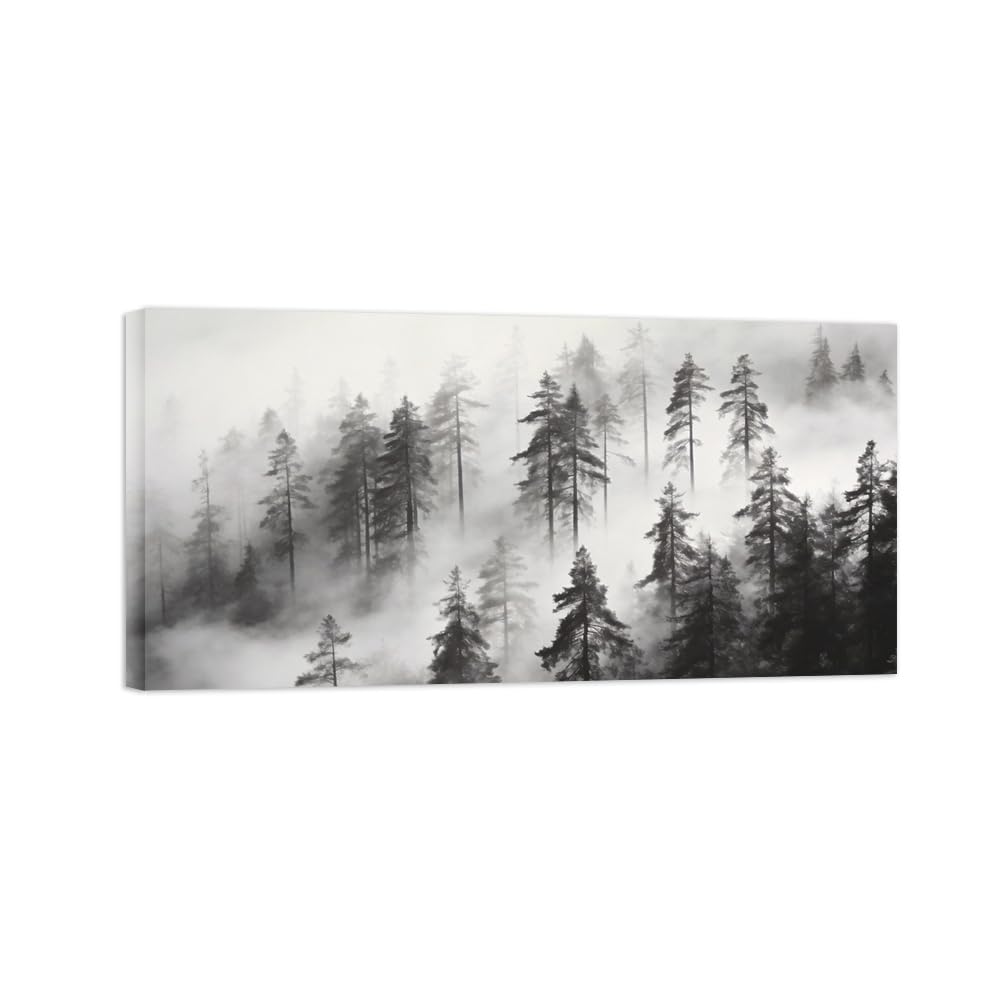 OZPWBVY Black and White Landscape Print Painting-Forest Clouds 1-Minimalist Canvas Wall Art Picture for Home Ready to Hang 24x47in 60x120cm Wrapped Canvas