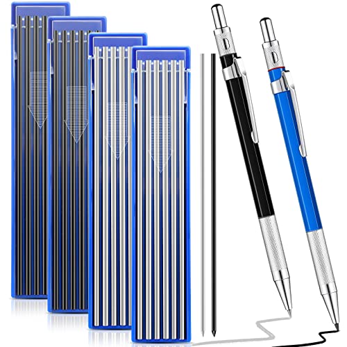 Image of Gersoniel 2 Pcs Welders Pencil with 48 PCS Round Refills Mechanical Pencils Metal Welding Marker for Tube Pipe Fitter Welder Steel Construction Woodworking (Sliver, Black)